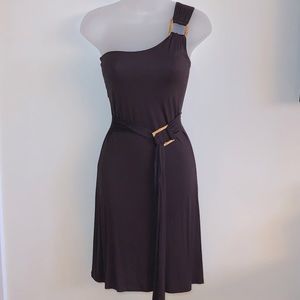 NWT Brown One Shoulder Dress with Belt and Wooden Accents - Sz. S